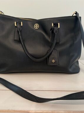 Tory Burch Black Leather Shoulder Tote with Gold Hardware